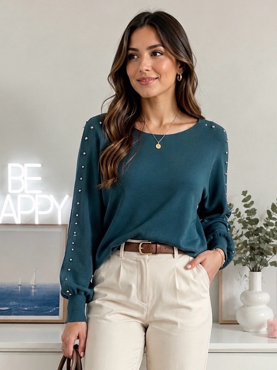 Milano Tops - Milano  women’s casual Teal Pearl-Trim Long Sleeve Top size S